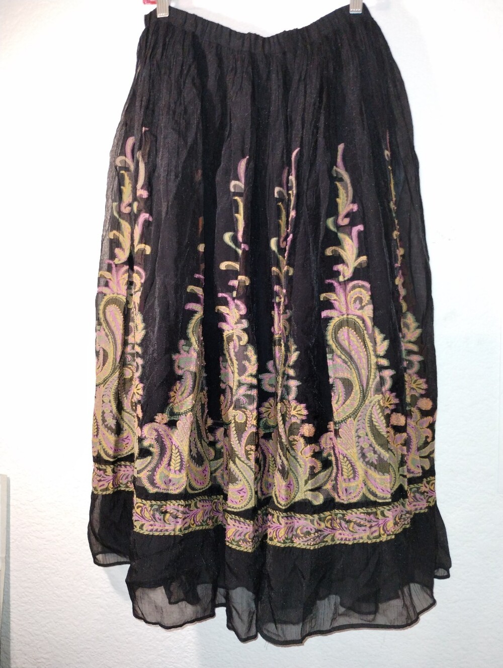 Coldwater Creek Skirt Black Pink Yellow Turquoise Paisley sz Petite Medium